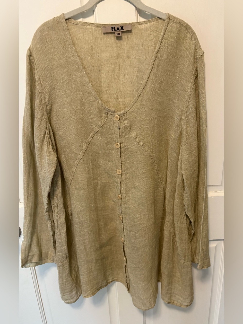 Flax 100% linen tan button up long tunic top blouse lagenlook women plus 1g 1x